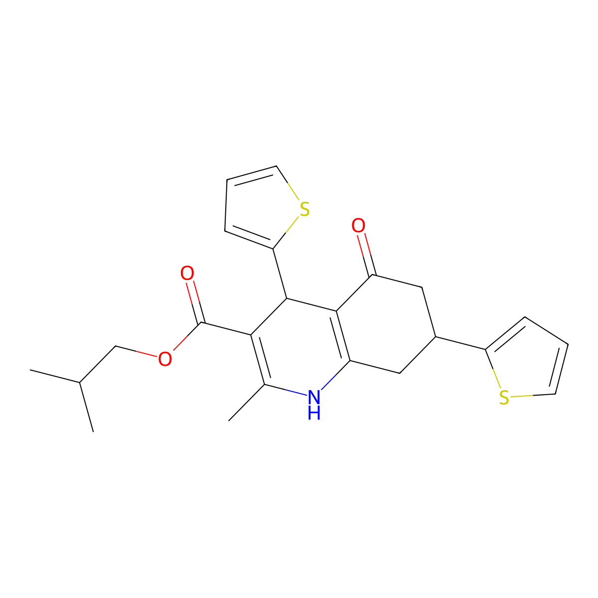 2-Methylpropyl 2-methyl-5-oxo-4,7-di(thiophen-2-yl)-1,4,5,6,7,8-hexahydroquinoline-3-carboxylate molecular structure, CAS 400067-51-8