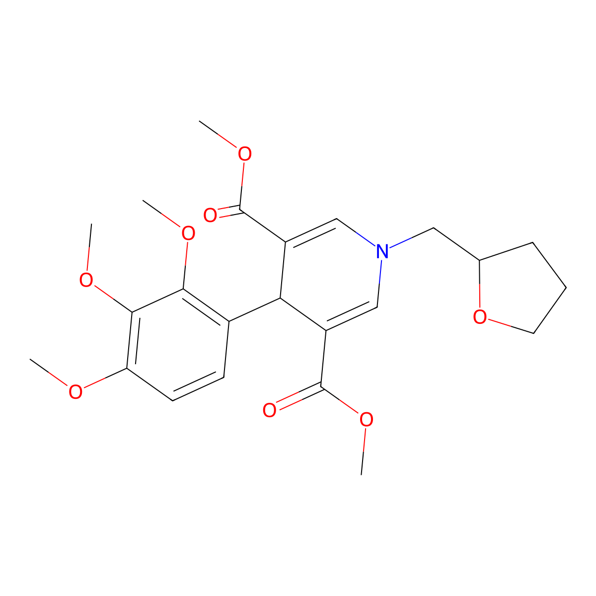 Dimethyl 1-(tetrahydrofuran-2-ylmethyl)-4-(2,3,4-trimethoxyphenyl)-1,4-dihydropyridine-3,5-dicarboxylate molecular structure, CAS 400067-53-0