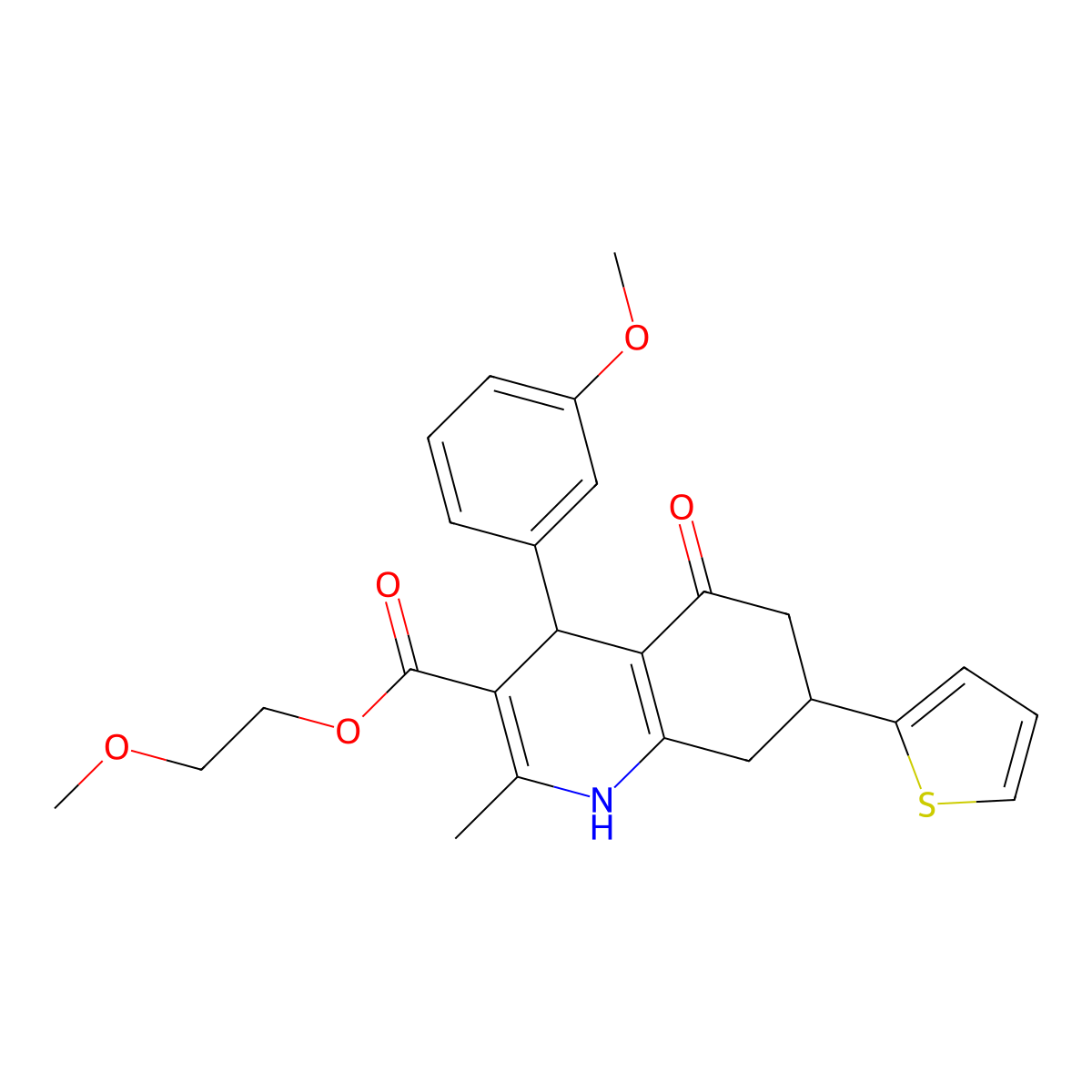 2-Methoxyethyl 4-(3-methoxyphenyl)-2-methyl-5-oxo-7-(thiophen-2-yl)-1,4,5,6,7,8-hexahydroquinoline-3-carboxylate molecular structure, CAS 400067-86-9