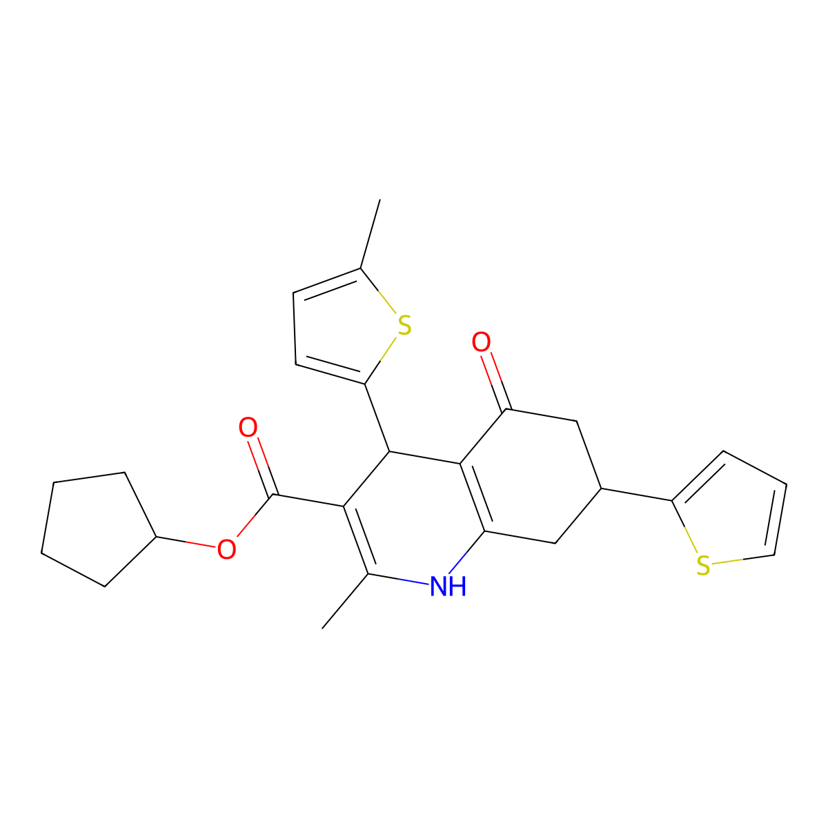 Cyclopentyl 2-methyl-4-(5-methylthiophen-2-yl)-5-oxo-7-(thiophen-2-yl)-1,4,5,6,7,8-hexahydroquinoline-3-carboxylate molecular structure, CAS 400068-01-1