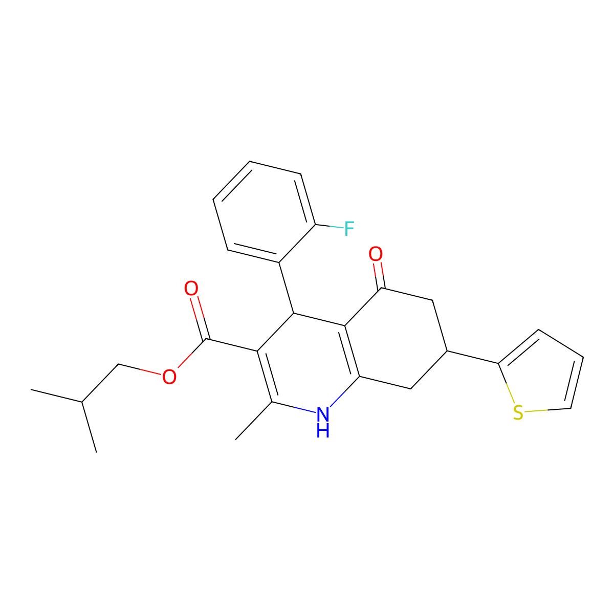 2-methylpropyl 4-(2-fluorophenyl)-2-methyl-5-oxo-7-thiophen-2-yl-4,6,7,8-tetrahydro-1H-quinoline-3-carboxylate molecular structure, CAS 400068-03-3