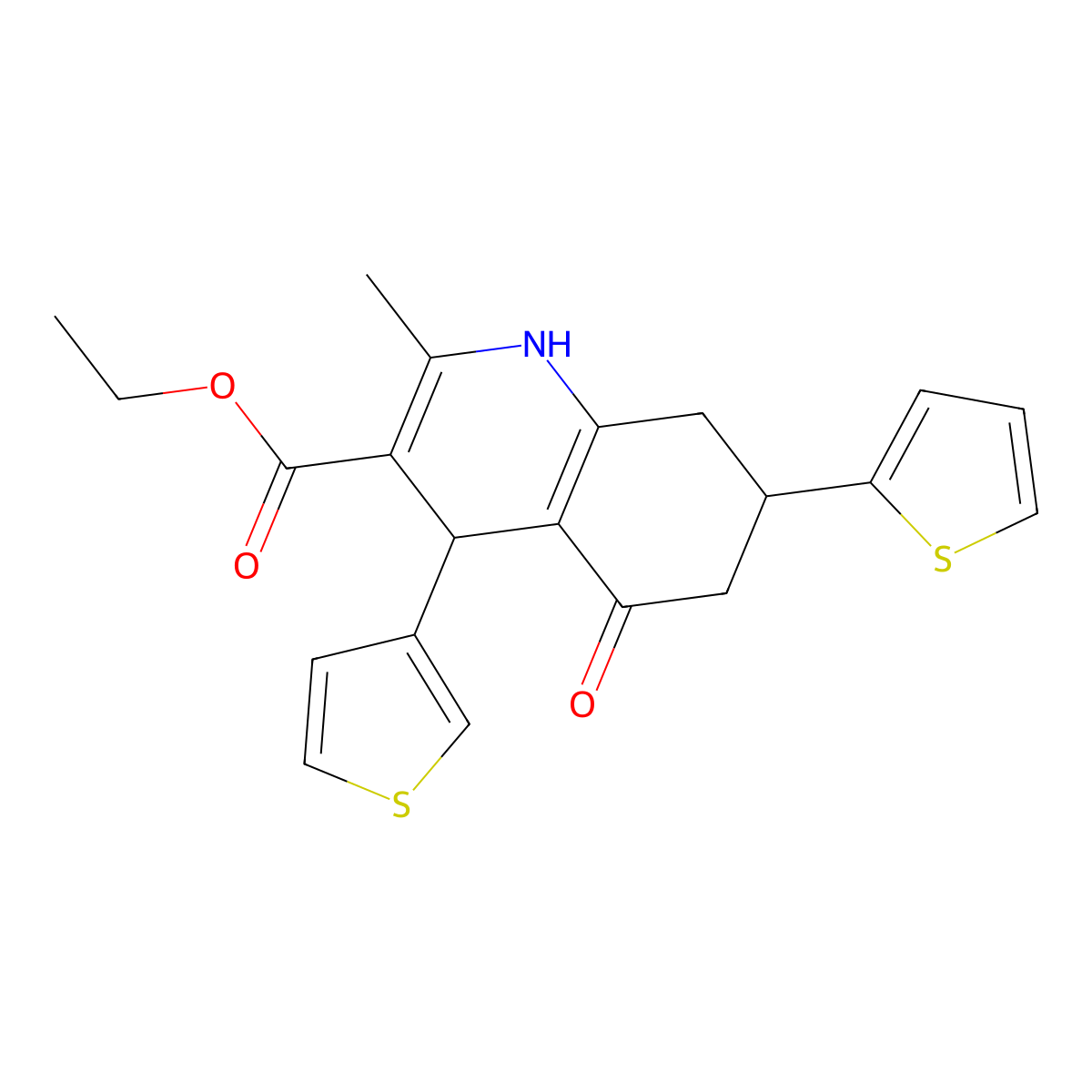 Ethyl 2-methyl-5-oxo-7-(thiophen-2-yl)-4-(thiophen-3-yl)-1,4,5,6,7,8-hexahydroquinoline-3-carboxylate molecular structure, CAS 400068-18-0