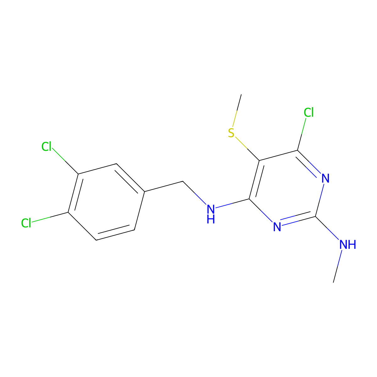 6-chloro-N~4~-(3,4-dichlorobenzyl)-N~2~-methyl-5-(methylsulfanyl)-2,4-pyrimidinediamine molecular structure, CAS 400074-35-3