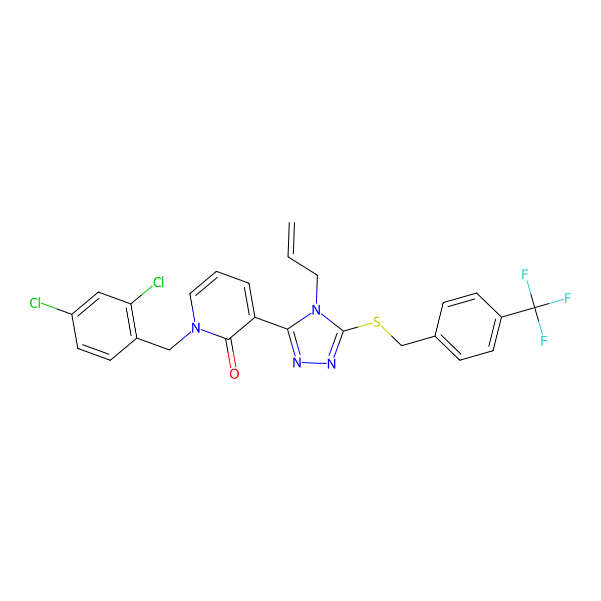 3-(4-allyl-5-{[4-(trifluoromethyl)benzyl]sulfanyl}-4H-1,2,4-triazol-3-yl)-1-(2,4-dichlorobenzyl)-2(1H)-pyridinone molecular structure, CAS 400074-88-6