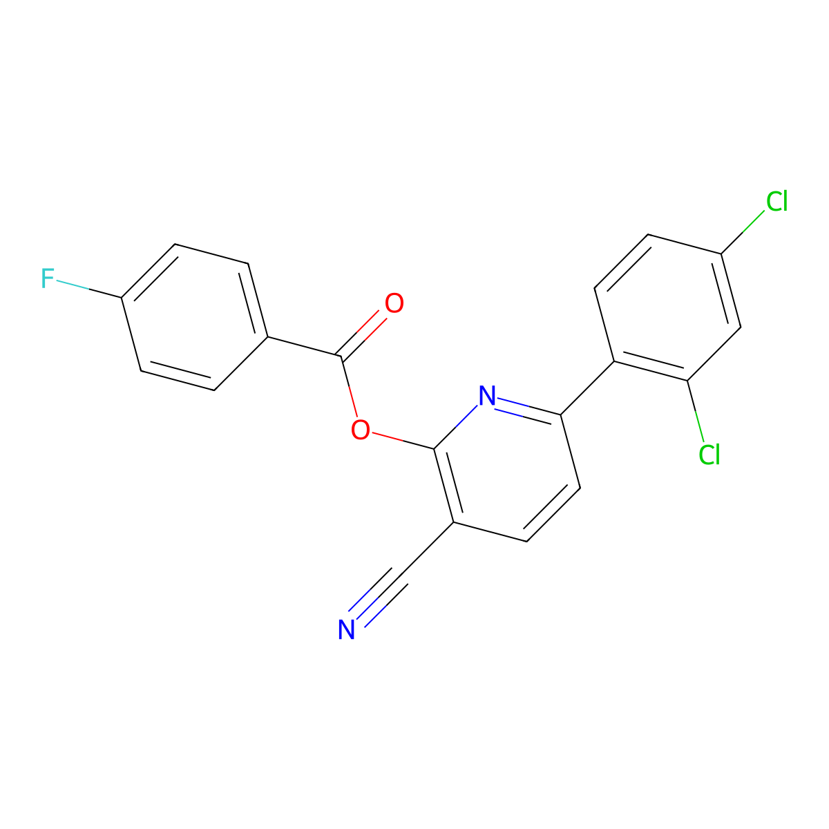 3-Cyano-6-(2,4-dichlorophenyl)-2-pyridinyl 4-fluorobenzenecarboxylate molecular structure, CAS 400075-79-8