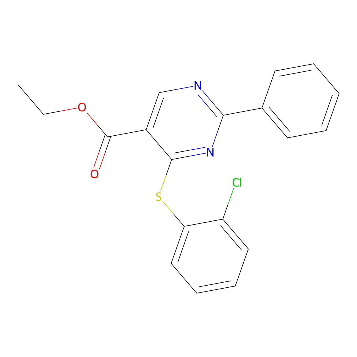 Ethyl 4-[(2-chlorophenyl)sulfanyl]-2-phenyl-5-pyrimidinecarboxylate molecular structure, CAS 400076-28-0
