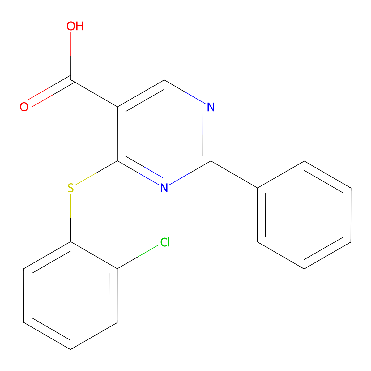 4-[(2-Chlorophenyl)sulfanyl]-2-phenyl-5-pyrimidinecarboxylic acid molecular structure, CAS 400076-29-1