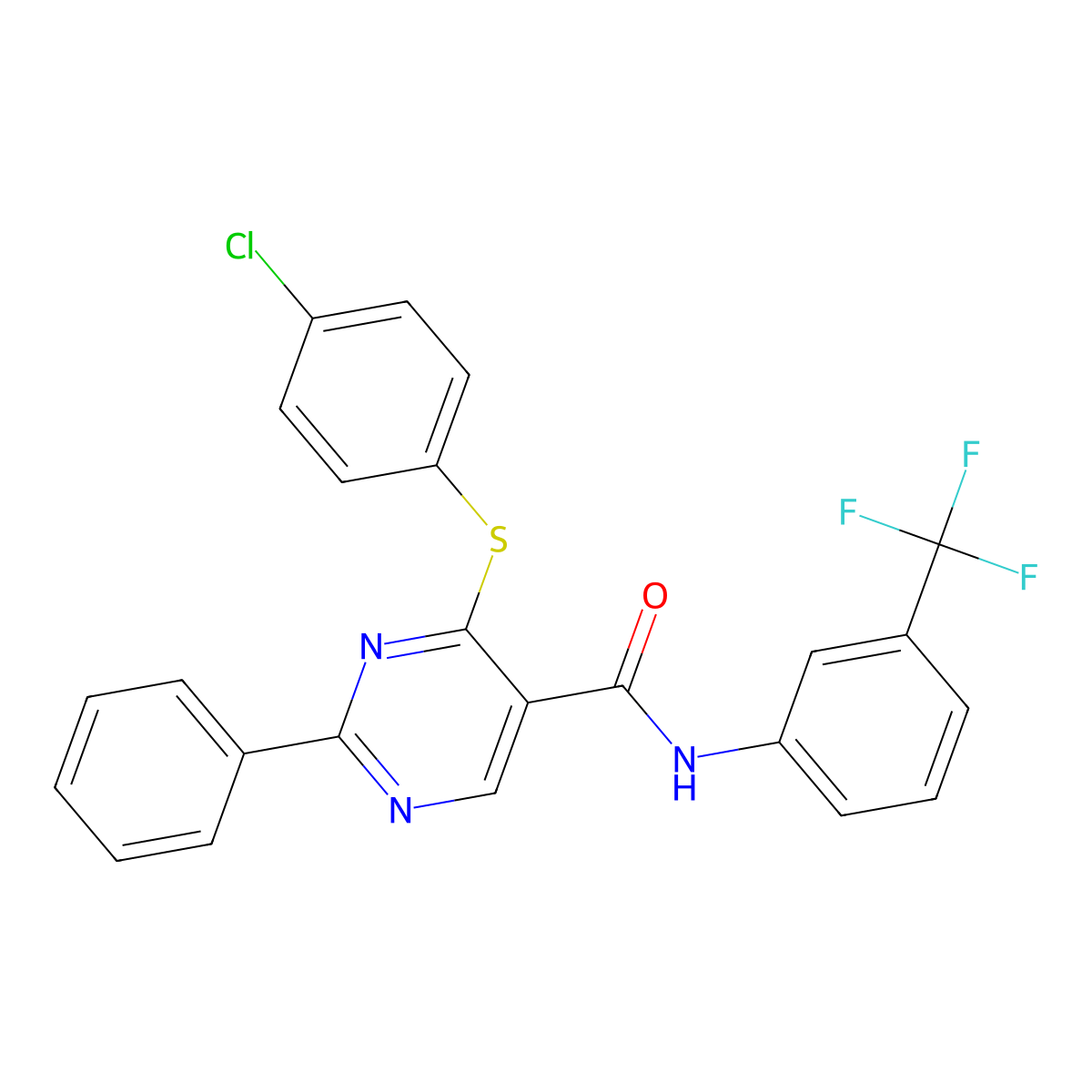 4-(4-chlorophenyl)sulfanyl-2-phenyl-N-[3-(trifluoromethyl)phenyl]pyrimidine-5-carboxamide molecular structure, CAS 400076-30-4