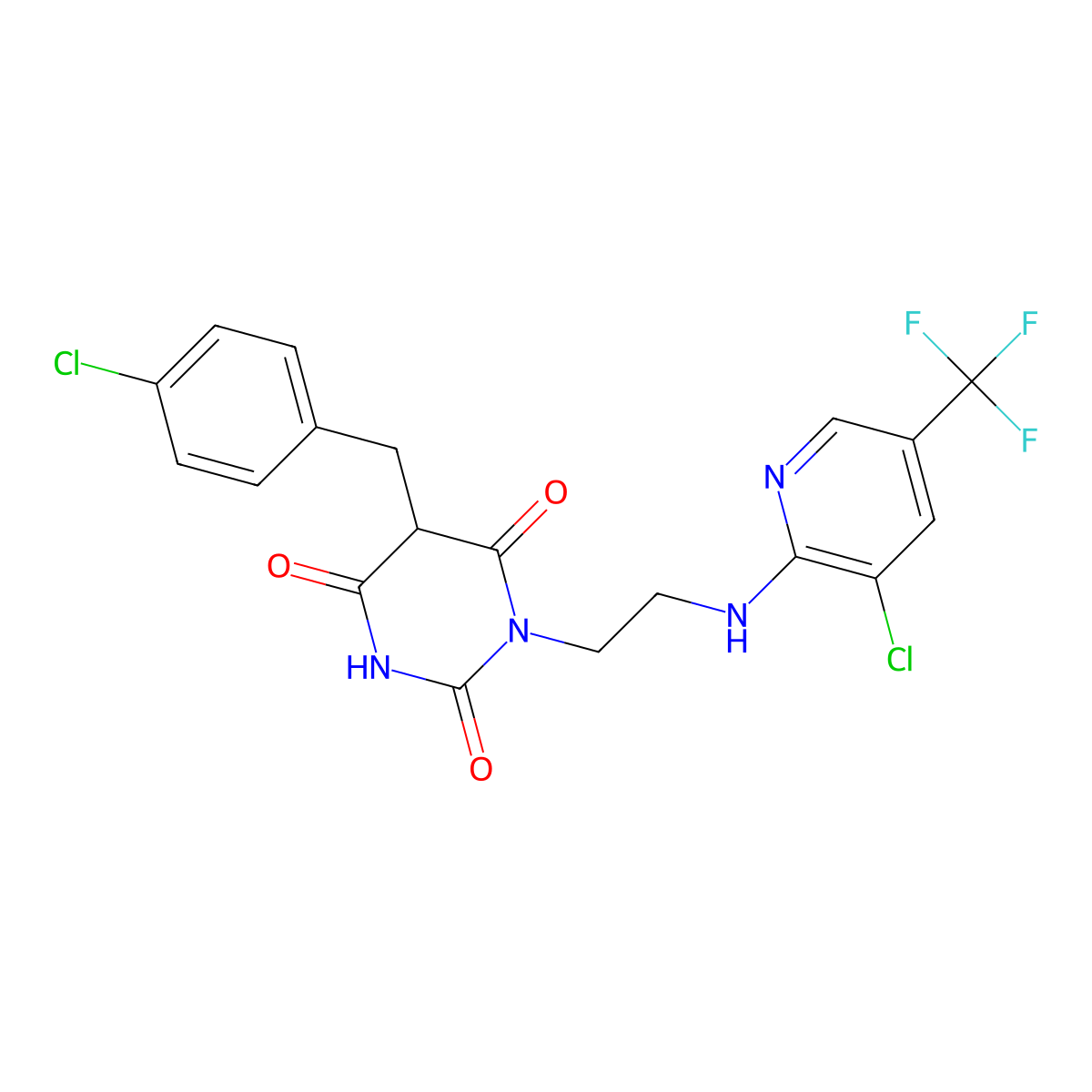 5-(4-chlorobenzyl)-1-(2-{[3-chloro-5-(trifluoromethyl)-2-pyridinyl]amino}ethyl)-2,4,6(1H,3H,5H)-pyrimidinetrione molecular structure, CAS 400077-21-6