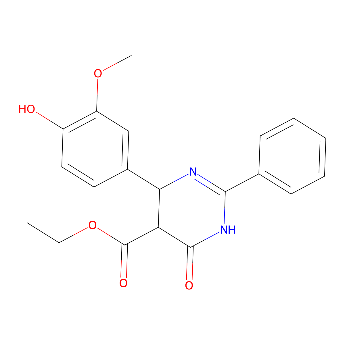 Ethyl 6-hydroxy-4-(4-hydroxy-3-methoxyphenyl)-2-phenyl-4,5-dihydro-5-pyrimidinecarboxylate molecular structure, CAS 400078-32-2