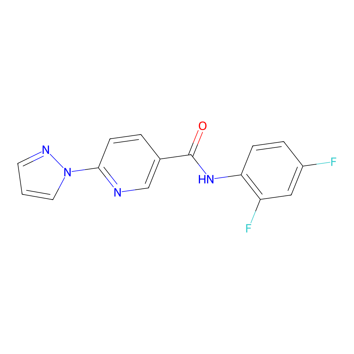 N-(2,4-difluorophenyl)-6-(1H-pyrazol-1-yl)nicotinamide molecular structure, CAS 400078-68-4