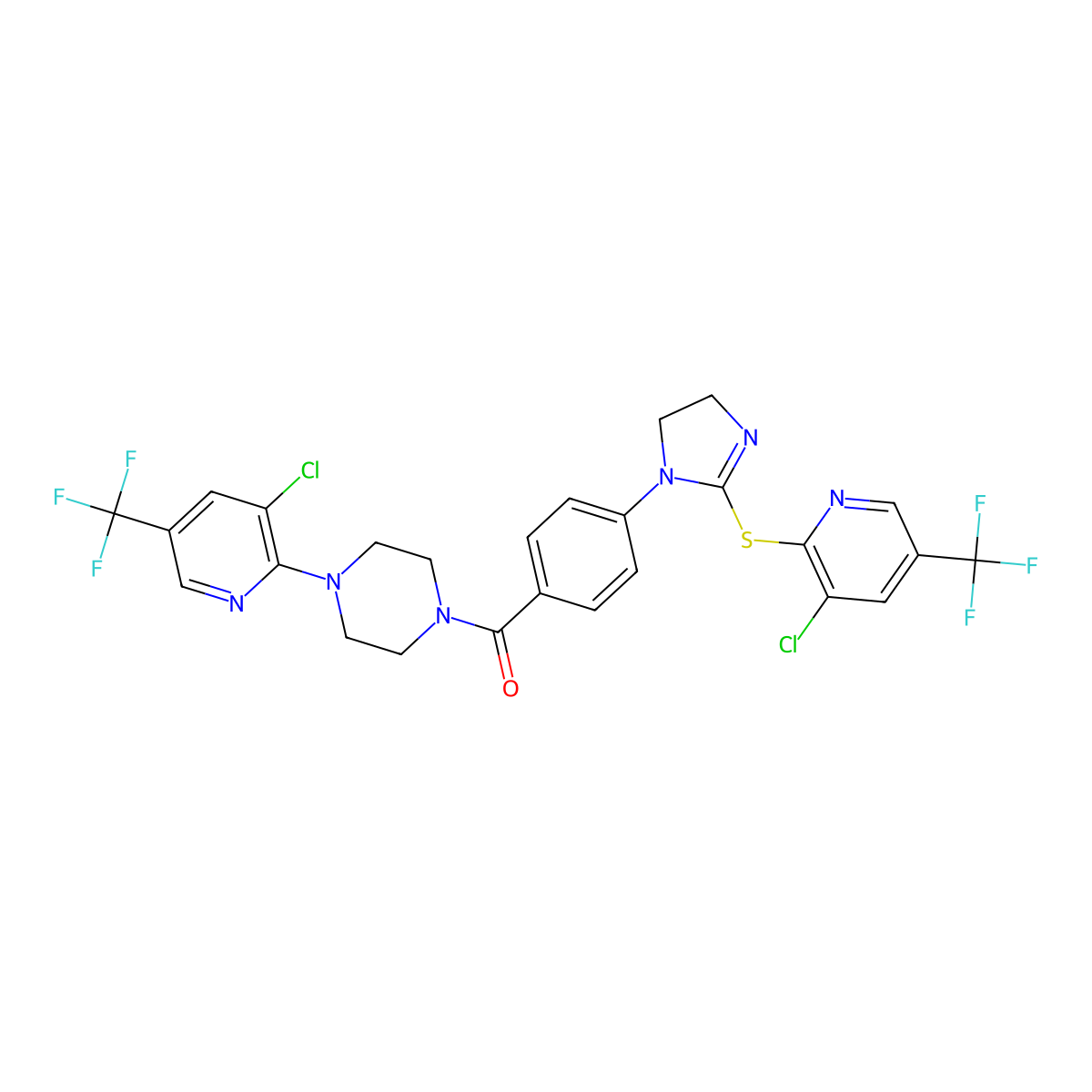 {4-[3-chloro-5-(trifluoromethyl)-2-pyridinyl]piperazino}[4-(2-{[3-chloro-5-(trifluoromethyl)-2-pyridinyl]sulfanyl}-4,5-dihydro-1H-imidazol-1-yl)phenyl]methanone molecular structure, CAS 400079-60-9