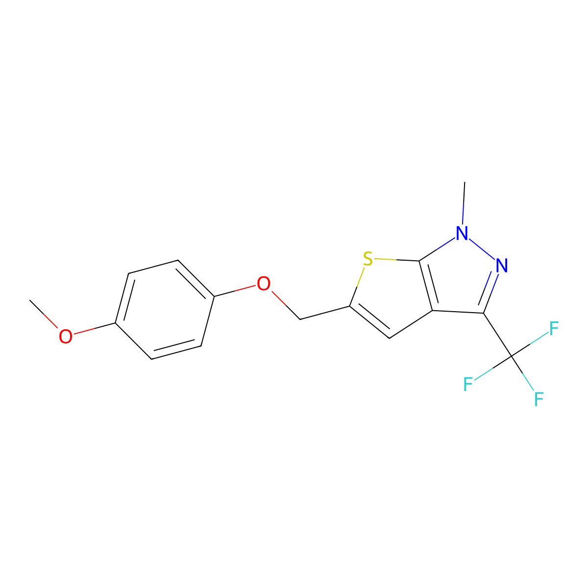 4-methoxyphenyl [1-methyl-3-(trifluoromethyl)-1H-thieno[2,3-c]pyrazol-5-yl]methyl ether molecular structure, CAS 400081-32-5