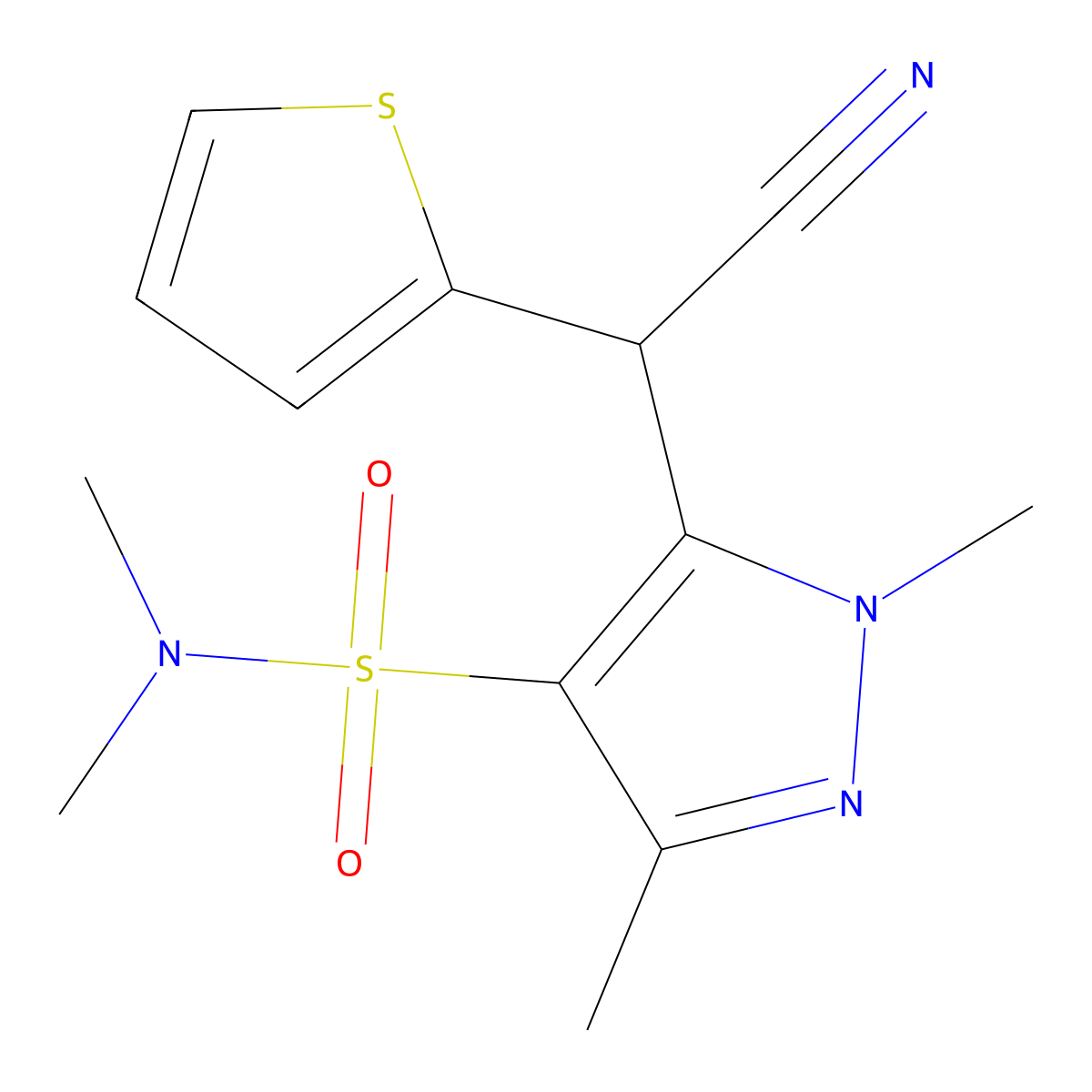5-[cyano(thiophen-2-yl)methyl]-N,N,1,3-tetramethylpyrazole-4-sulfonamide molecular structure, CAS 400082-30-6