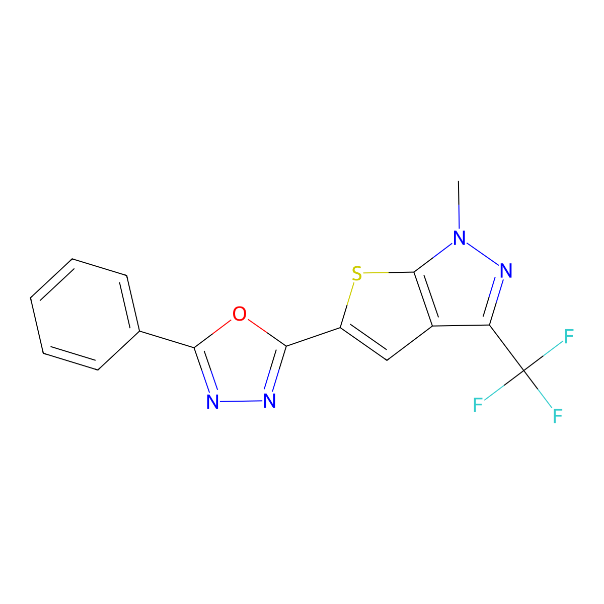 1-methyl-5-(5-phenyl-1,3,4-oxadiazol-2-yl)-3-(trifluoromethyl)-1H-thieno[2,3-c]pyrazole molecular structure, CAS 400082-47-5