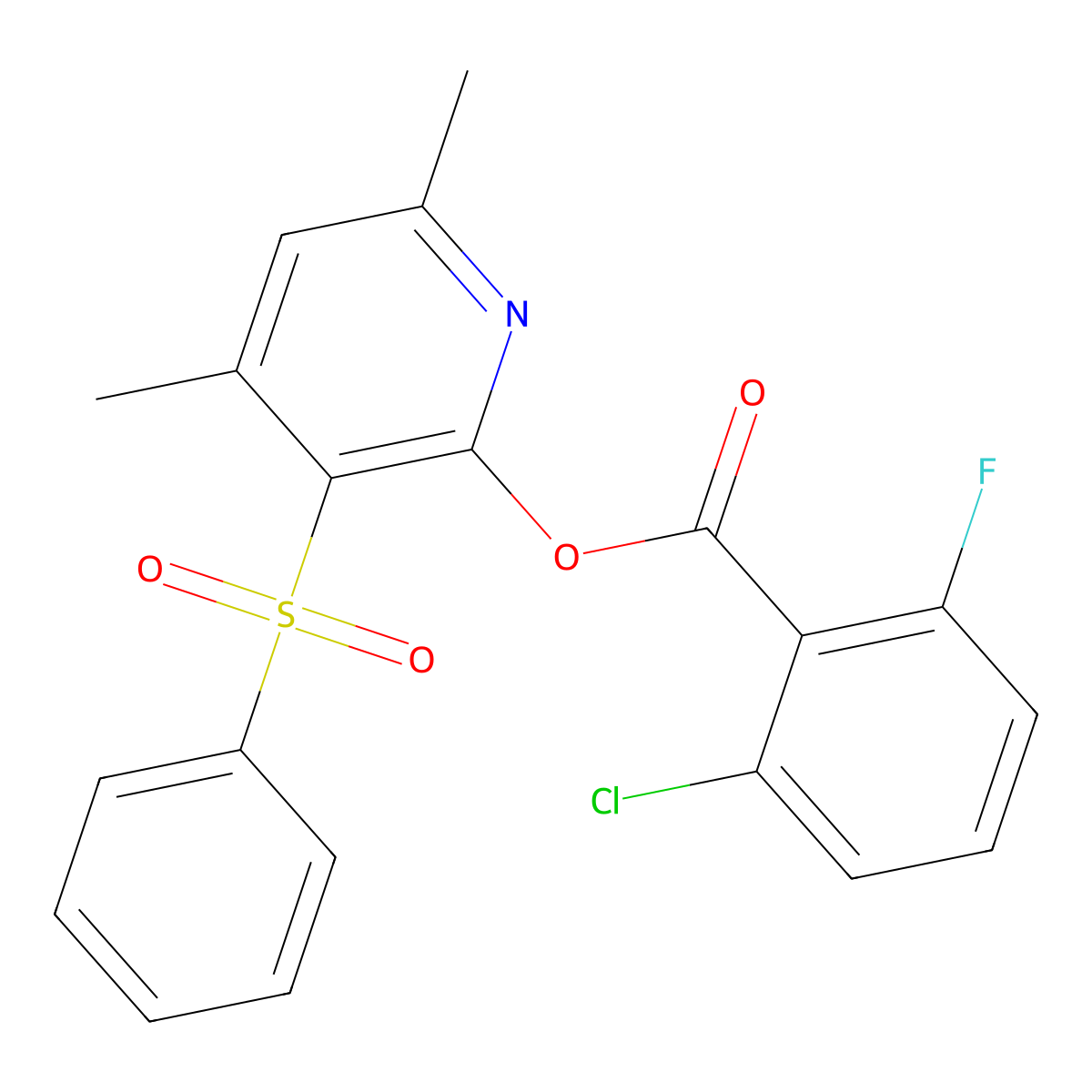 4,6-Dimethyl-3-(phenylsulfonyl)-2-pyridinyl 2-chloro-6-fluorobenzenecarboxylate molecular structure, CAS 400083-86-5