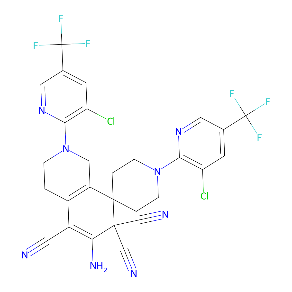 6-amino-1',2-bis[3-chloro-5-(trifluoromethyl)pyridin-2-yl]-2,3,4,7-tetrahydro-1H-spiro[isoquinoline-8,4'-piperidine]-5,7,7-tricarbonitrile molecular structure, CAS 400085-31-6