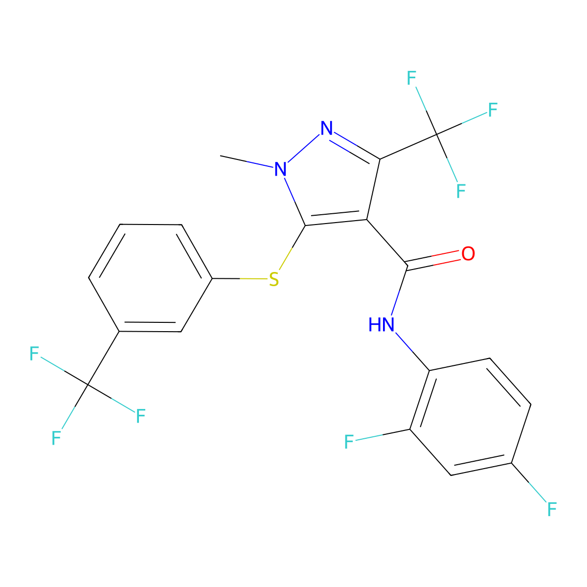 N-(2,4-difluorophenyl)-1-methyl-3-(trifluoromethyl)-5-{[3-(trifluoromethyl)phenyl]sulfanyl}-1H-pyrazole-4-carboxamide molecular structure, CAS 400086-42-2