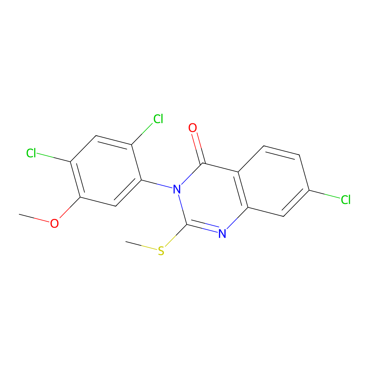 7-chloro-3-(2,4-dichloro-5-methoxyphenyl)-2-(methylsulfanyl)-4(3H)-quinazolinone molecular structure, CAS 400087-08-3