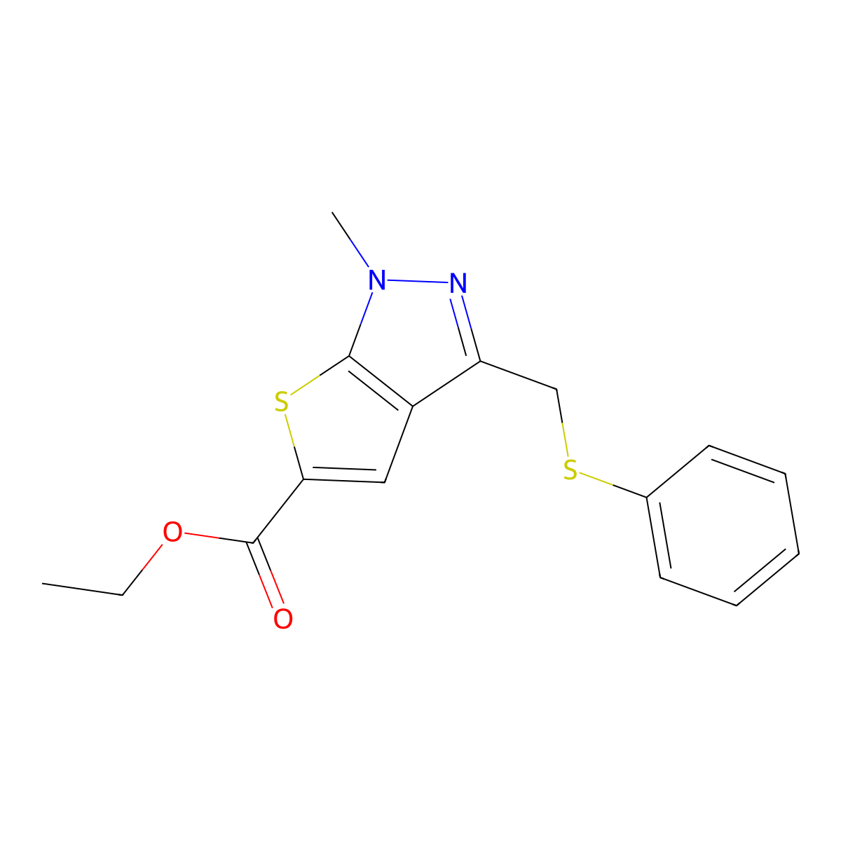 ethyl 1-methyl-3-[(phenylsulfanyl)methyl]-1H-thieno[2,3-c]pyrazole-5-carboxylate molecular structure, CAS 400087-17-4