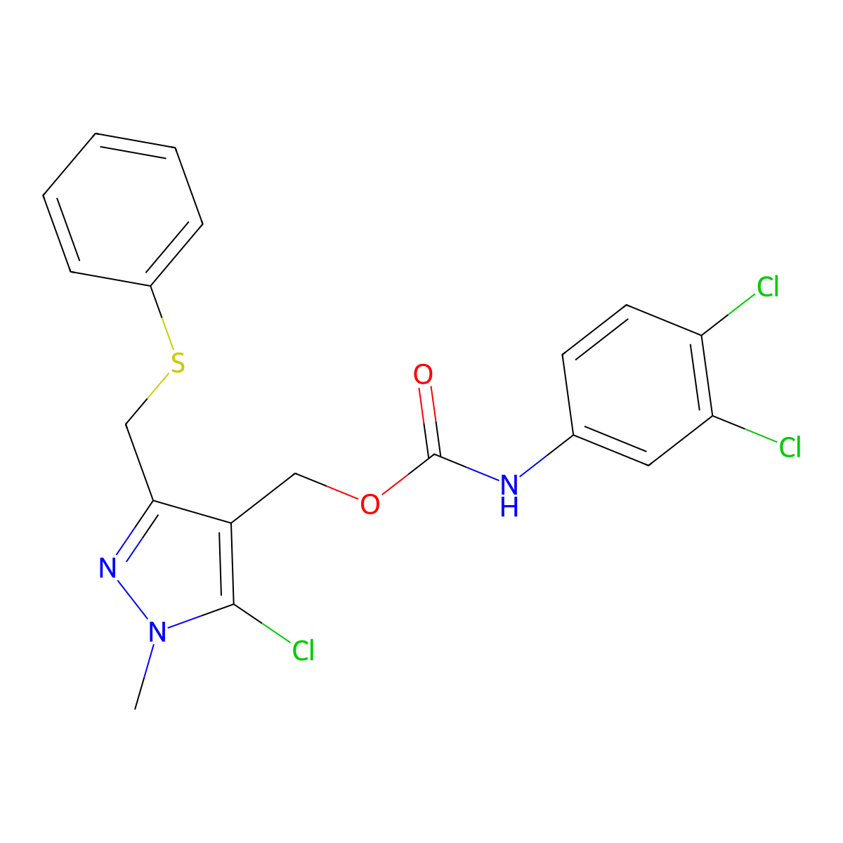 {5-chloro-1-methyl-3-[(phenylsulfanyl)methyl]-1H-pyrazol-4-yl}methyl N-(3,4-dichlorophenyl)carbamate molecular structure, CAS 400087-20-9