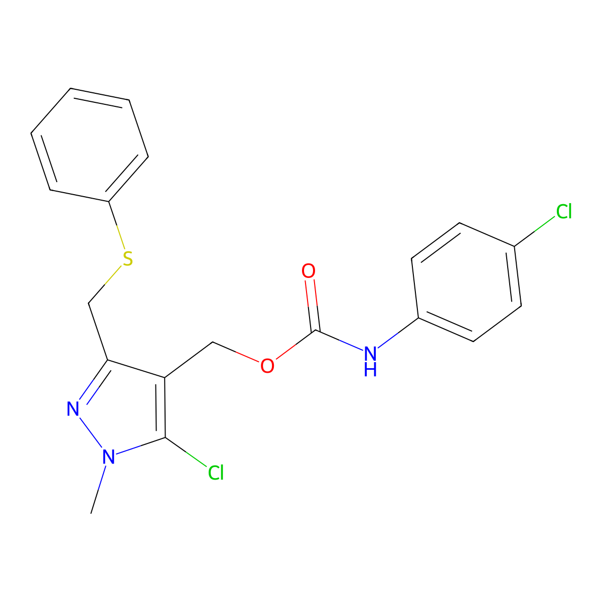 {5-chloro-1-methyl-3-[(phenylsulfanyl)methyl]-1H-pyrazol-4-yl}methyl N-(4-chlorophenyl)carbamate molecular structure, CAS 400087-21-0