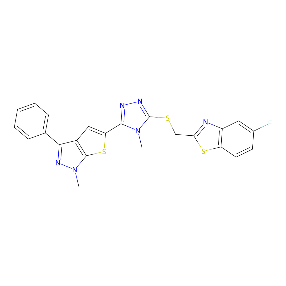 5-fluoro-2-({[4-methyl-5-(1-methyl-3-phenyl-1H-thieno[2,3-c]pyrazol-5-yl)-4H-1,2,4-triazol-3-yl]sulfanyl}methyl)-1,3-benzothiazole molecular structure, CAS 400087-26-5