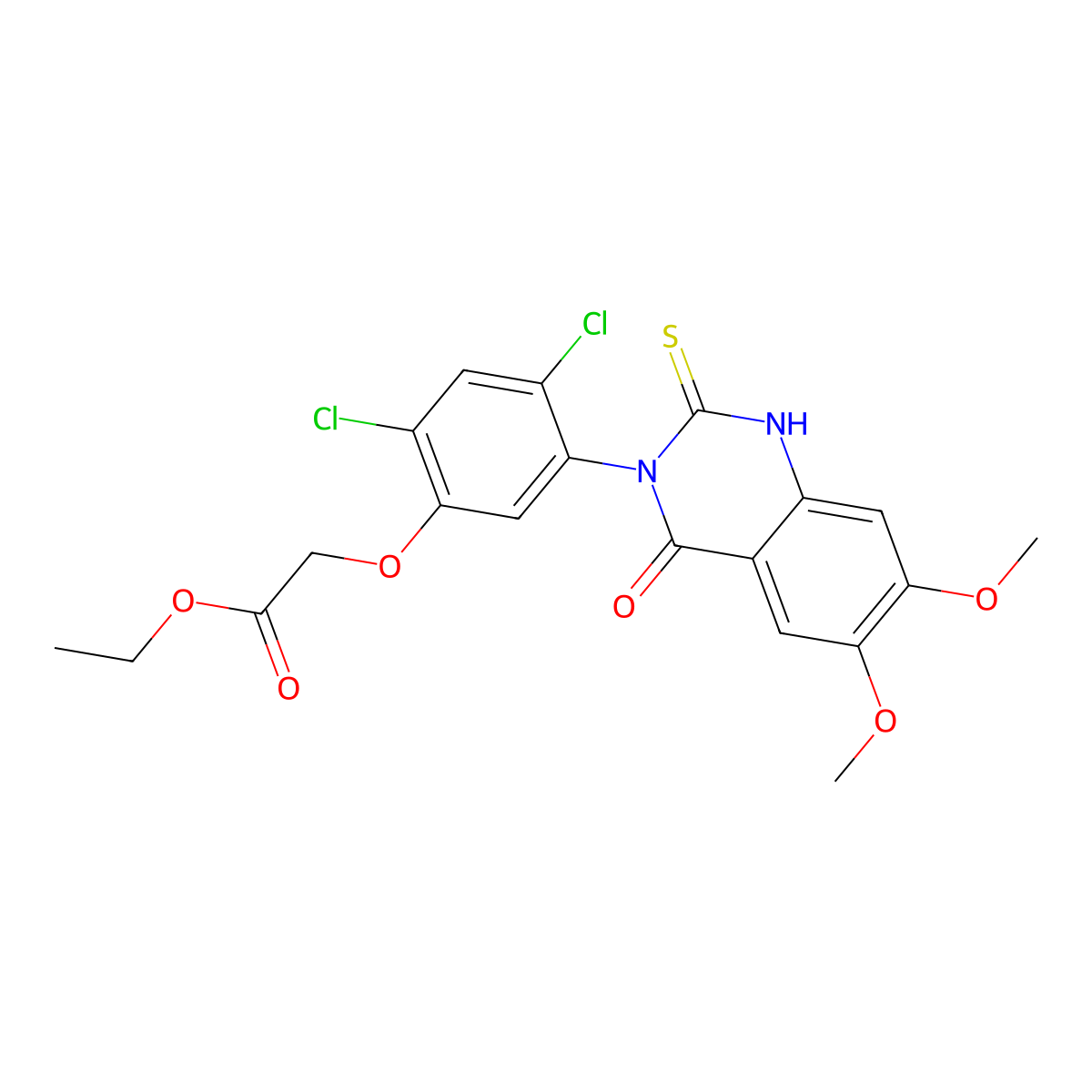 ethyl 2-{2,4-dichloro-5-[6,7-dimethoxy-4-oxo-2-sulfanyl-3(4H)-quinazolinyl]phenoxy}acetate molecular structure, CAS 400088-23-5