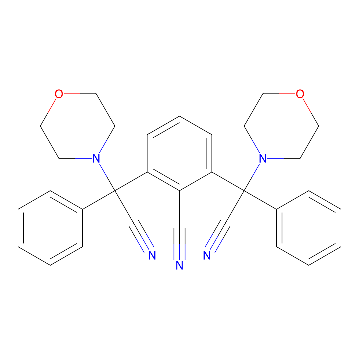 2,6-Bis[cyano(morpholino)phenylmethyl]benzenecarbonitrile molecular structure, CAS 400089-38-5