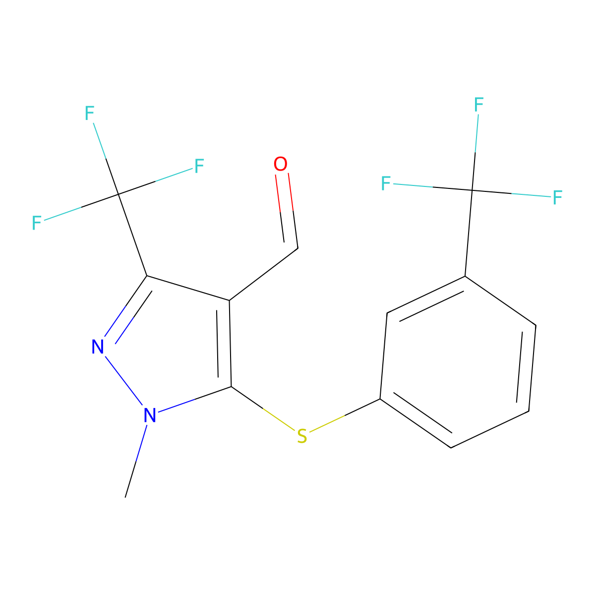 1-methyl-3-(trifluoromethyl)-5-{[3-(trifluoromethyl)phenyl]sulfanyl}-1H-pyrazole-4-carbaldehyde molecular structure, CAS 400751-40-8