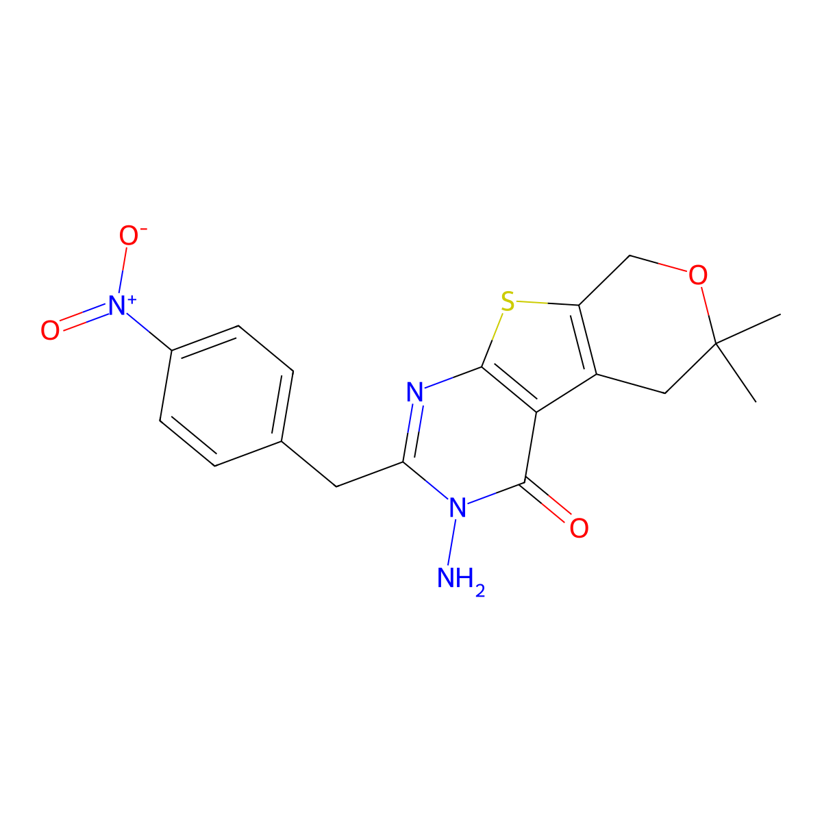 3-Amino-3,5,6,8-tetrahydro-6,6-dimethyl-2-[(4-nitrophenyl)methyl]-4H-pyrano[4',3':4,5]thieno[2,3-d]pyrimidin-4-one molecular structure, CAS 400752-99-0