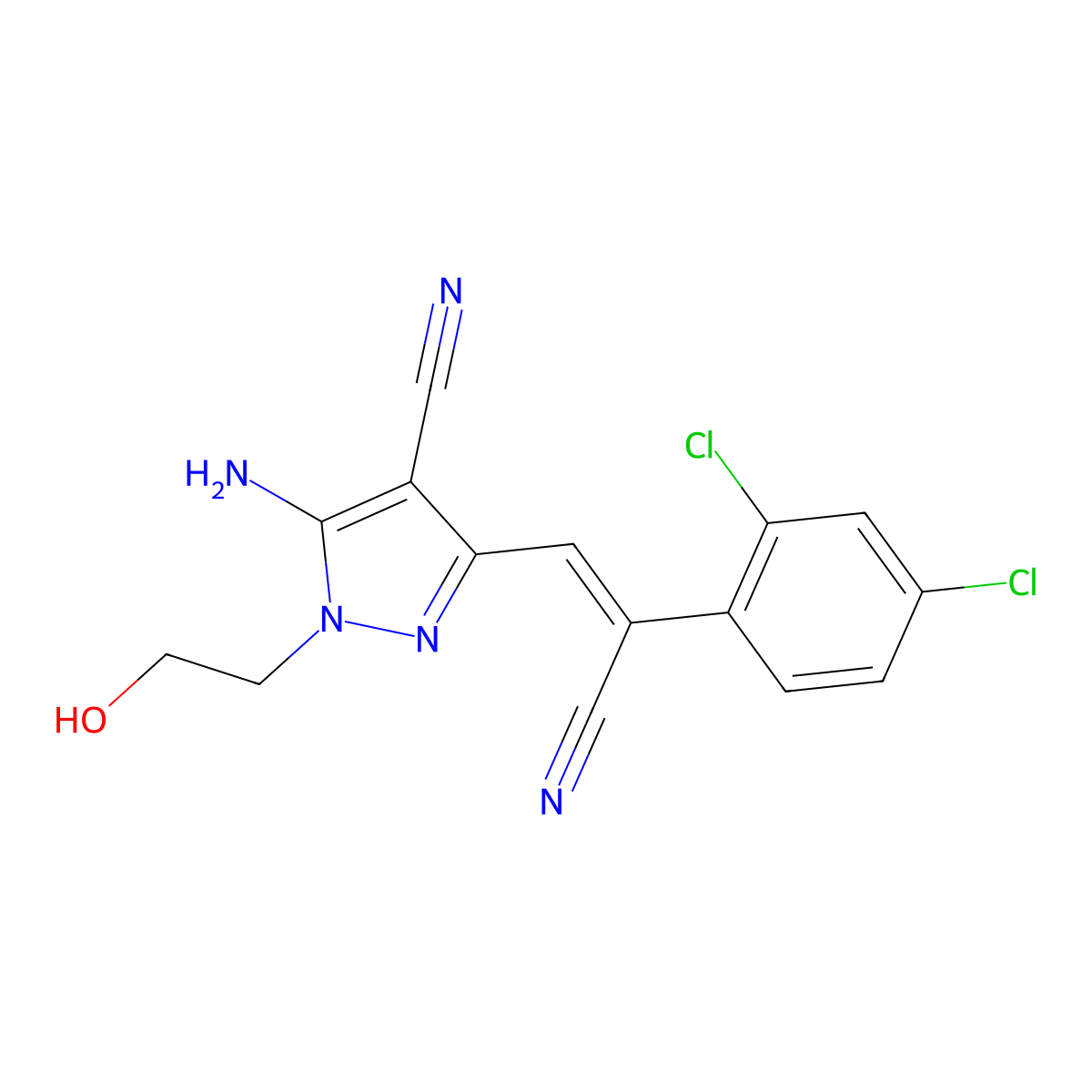 5-Amino-3-[2-cyano-2-(2,4-dichlorophenyl)ethenyl]-1-(2-hydroxyethyl)-1H-pyrazole-4-carbonitrile molecular structure, CAS 400753-06-2