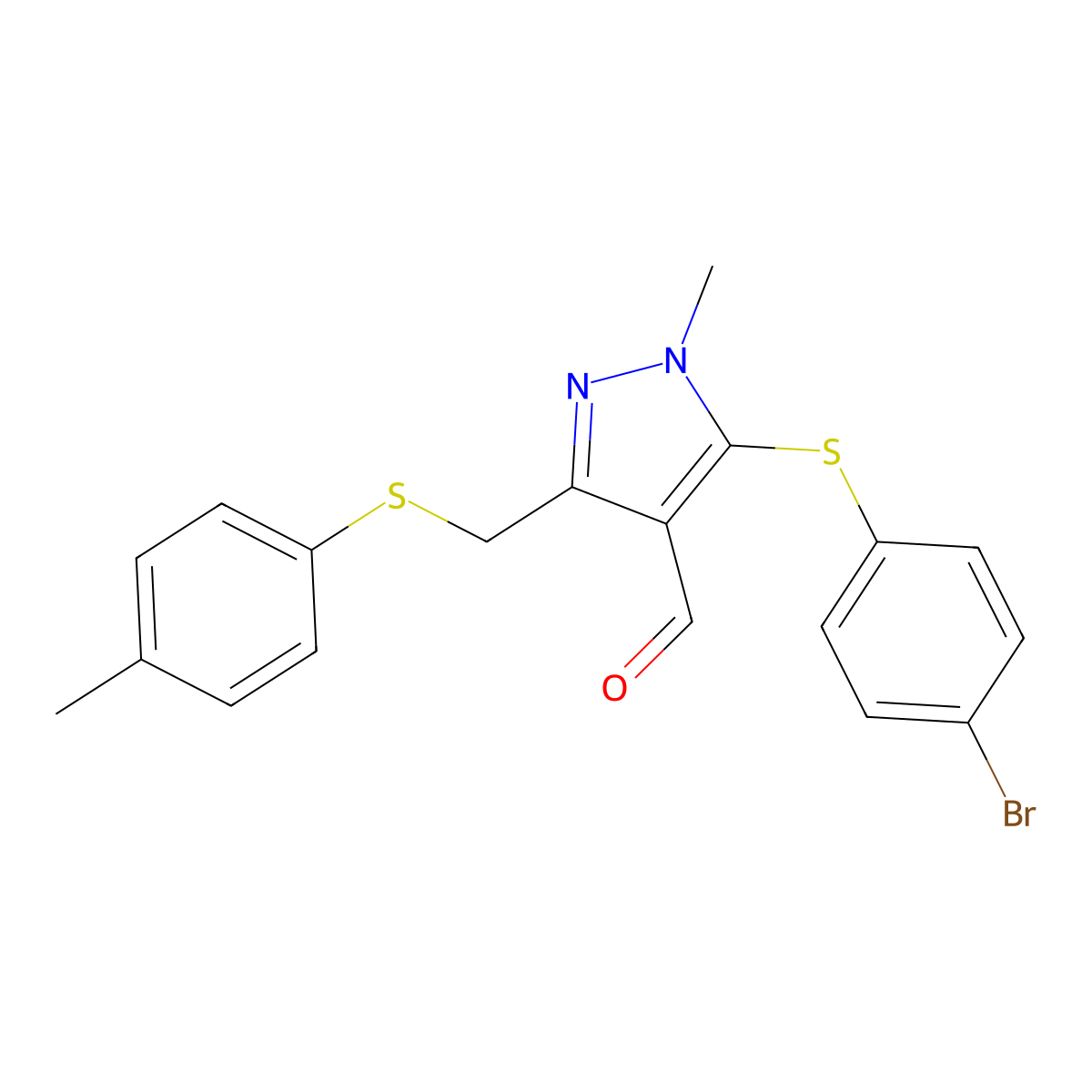 5-[(4-bromophenyl)sulfanyl]-1-methyl-3-{[(4-methylphenyl)sulfanyl]methyl}-1H-pyrazole-4-carbaldehyde molecular structure, CAS 400823-20-3