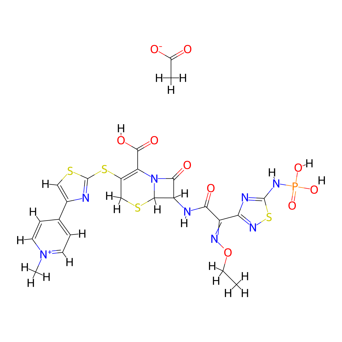7-[[2-Ethoxyimino-2-[5-(phosphonoamino)-1,2,4-thiadiazol-3-yl]acetyl]amino]-3-[[4-(1-methylpyridin-1-ium-4-yl)-1,3-thiazol-2-yl]sulfanyl]-8-oxo-5-thia-1-azabicyclo[4.2.0]oct-2-ene-2-carboxylic acid acetate molecular structure, CAS 400827-46-5