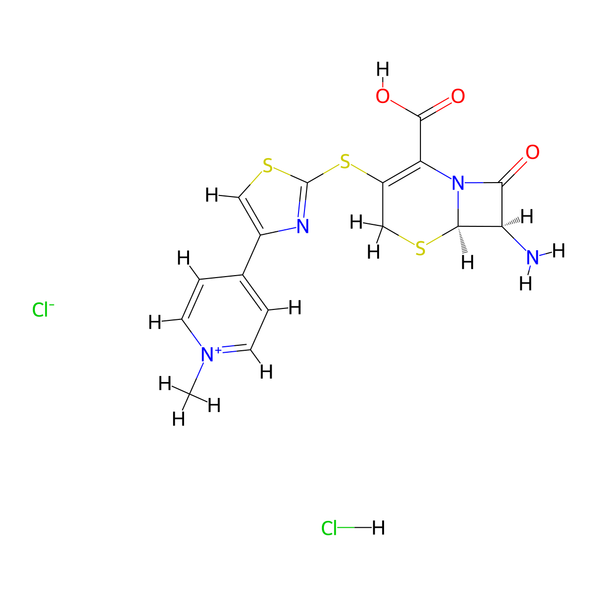 4-[2-((6R,7R)-7-amino-2-carboxy-8-oxo-5-thia-1-azabicyclo[4.2.0]oct-2-en-3-ylsulfanyl)thiazole-4-yl]-1-methyl-pyridiniumchloride monohydrochloride molecular structure, CAS 400827-64-7