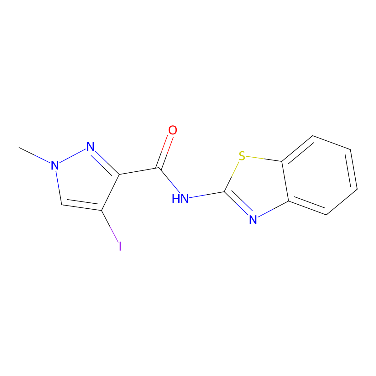 N-(1,3-benzothiazol-2-yl)-4-iodo-1-methyl-1H-pyrazole-3-carboxamide molecular structure, CAS 400843-35-8