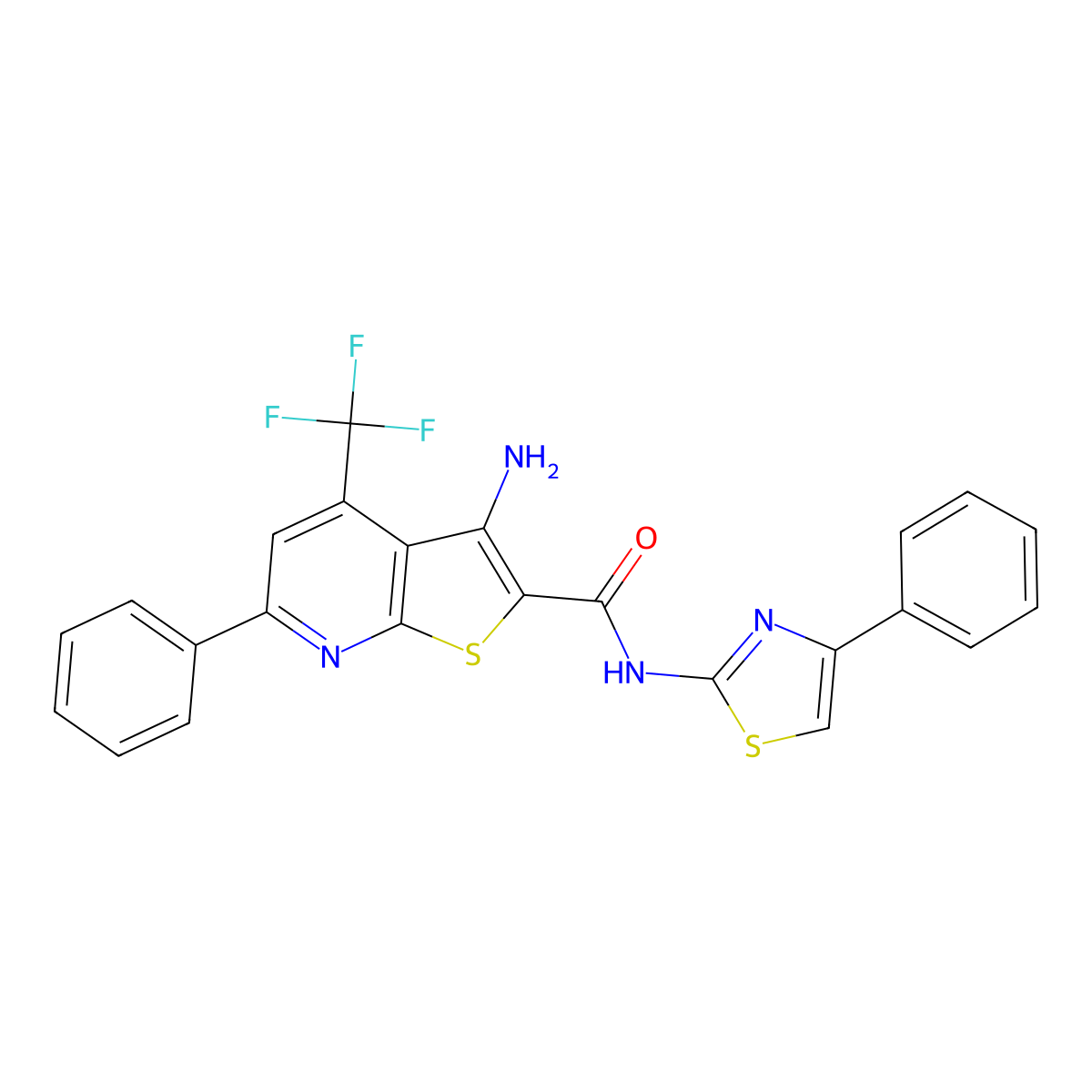 3-Amino-6-phenyl-N-(4-phenyl-1,3-thiazol-2-YL)-4-(trifluoromethyl)thieno[2,3-B]pyridine-2-carboxamide molecular structure, CAS 400863-52-7