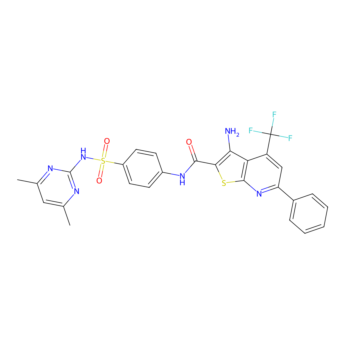 3-Amino-N-(4-{[(4,6-dimethyl-2-pyrimidinyl)amino]sulfonyl}phenyl)-6-phenyl-4-(trifluoromethyl)thieno[2,3-B]pyridine-2-carboxamide molecular structure, CAS 400863-54-9