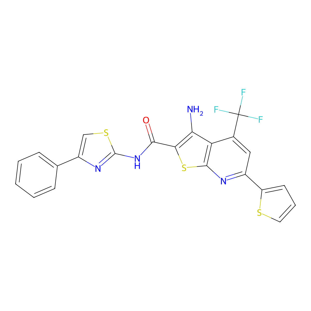 3-Amino-N-(4-phenyl-1,3-thiazol-2-YL)-6-(2-thienyl)-4-(trifluoromethyl)thieno(2,3-B)pyridine-2-carboxamide molecular structure, CAS 400863-58-3