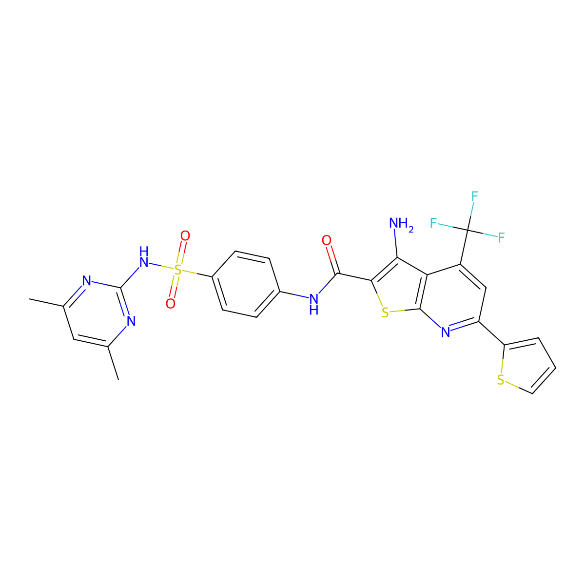 3-Amino-N-(4-{[(4,6-dimethyl-2-pyrimidinyl)amino]sulfonyl}phenyl)-6-(2-T hienyl)-4-(trifluoromethyl)thieno[2,3-B]pyridine-2-carboxamide molecular structure, CAS 400863-60-7