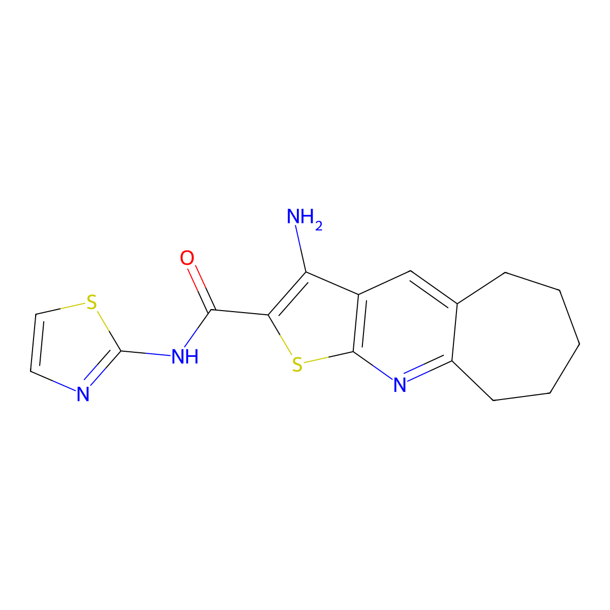 3-amino-N-(thiazol-2-yl)-6,7,8,9-tetrahydro-5H-cyclohepta[b]thieno[3,2-e]pyridine-2-carboxamide molecular structure, CAS 400863-73-2