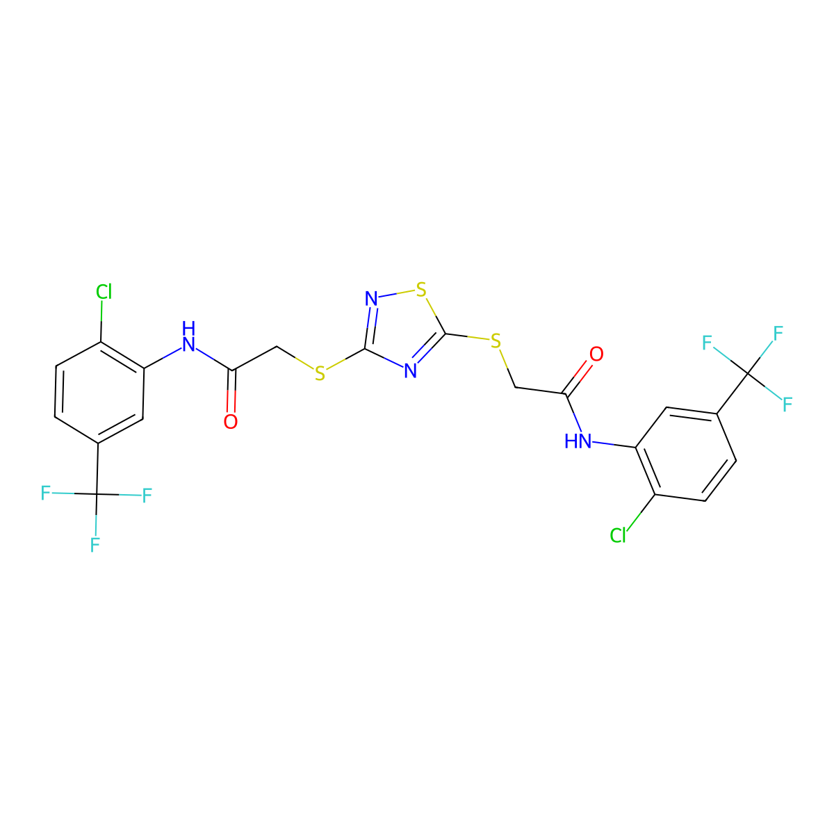 2-((3-((2-(2-Chloro-5-(trifluoromethyl)anilino)-2-oxoethyl)sulfanyl)-1,2,4-thiadiazol-5-YL)sulfanyl)-N-(2-chloro-5-(trifluoromethyl)phenyl)aceta mide molecular structure, CAS 400864-19-9