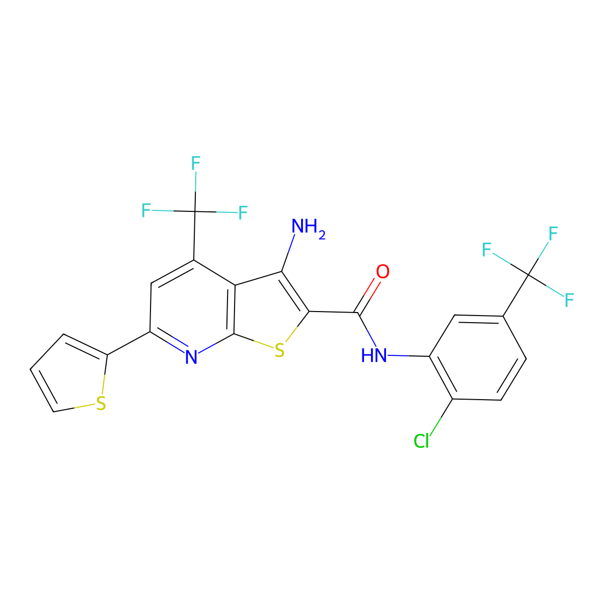 3-Amino-N-(2-chloro-5-(trifluoromethyl)phenyl)-6-(2-thienyl)-4-(trifluoromethyl)thieno(2,3-B)pyridine-2-carboxamide molecular structure, CAS 400864-39-3
