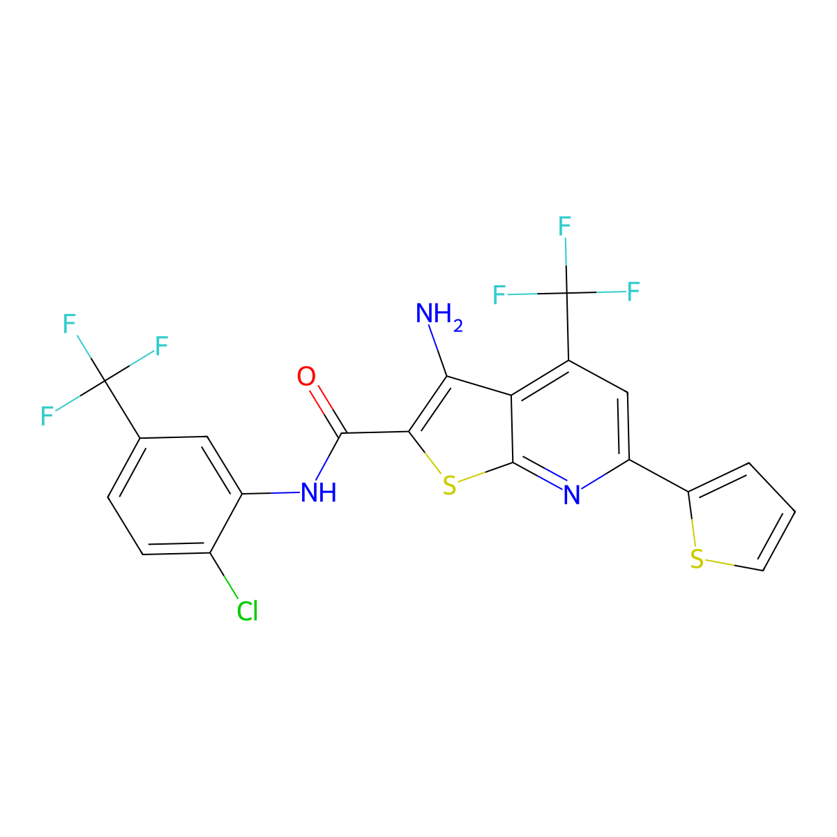 3-Amino-N-(2-chloro-5-(trifluoromethyl)phenyl)-6-(2-thienyl)-4-(trifluoromethyl)thieno(2,3-B)pyridine-2-carboxamide molecular structure, CAS 400864-39-3