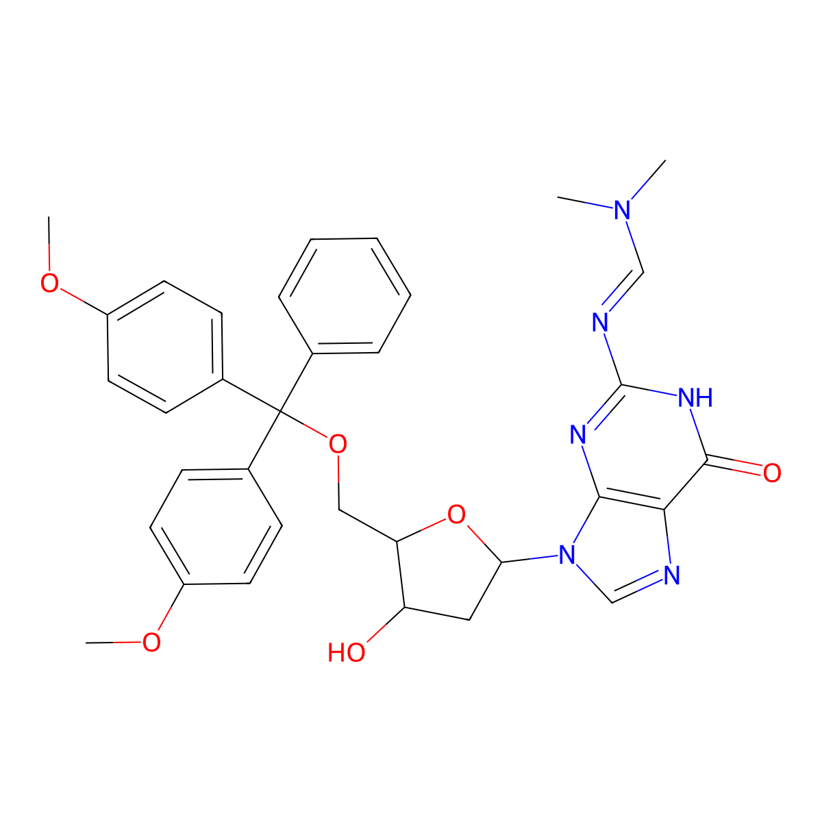 N'-[9-[5-[[bis(4-methoxyphenyl)-phenylmethoxy]methyl]-4-hydroxyoxolan-2-yl]-6-oxo-1H-purin-2-yl]-N,N-dimethylmethanimidamide molecular structure, CAS 40094-22-2