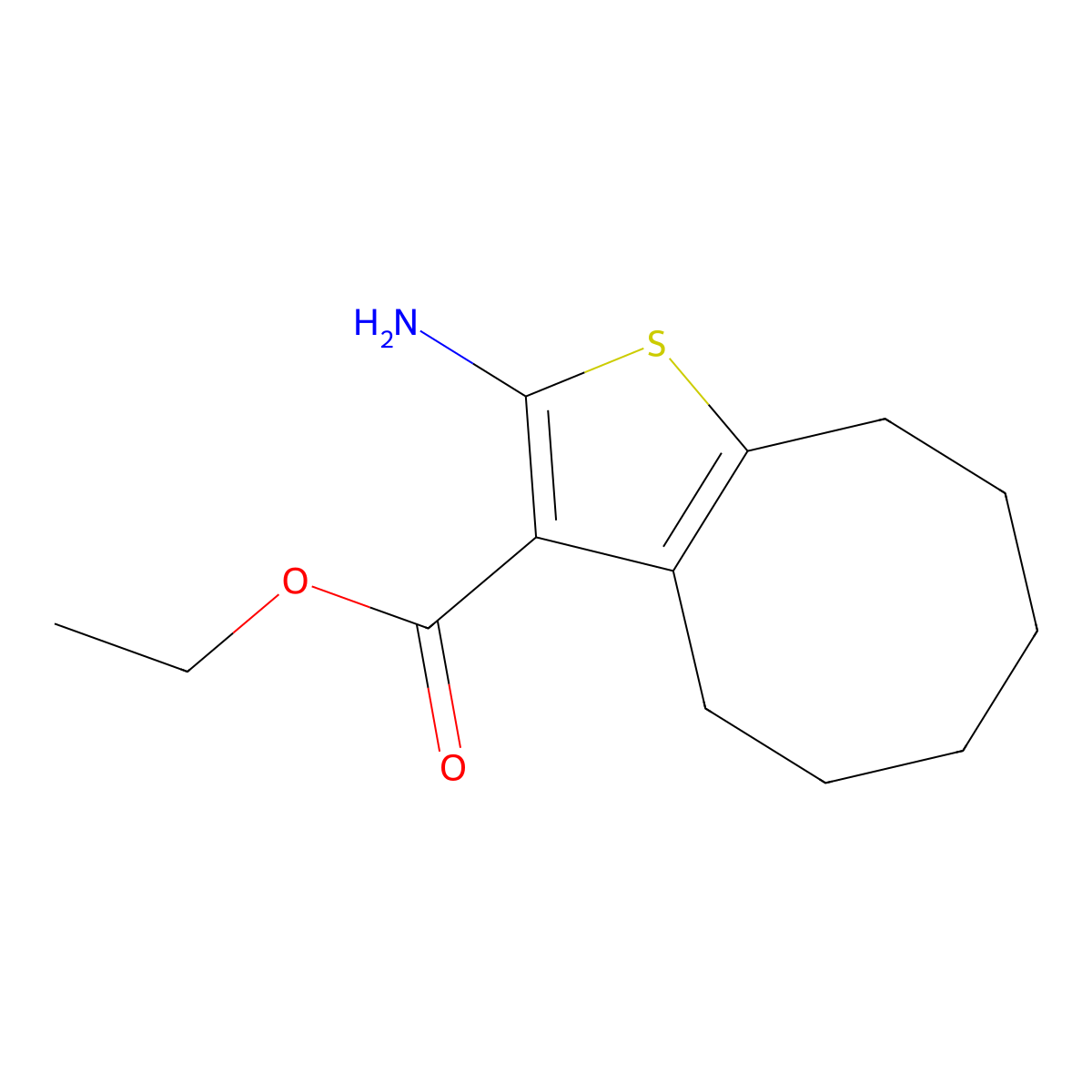 Ethyl 2-amino-4,5,6,7,8,9-hexahydrocycloocta[b]thiophene-3-carboxylate molecular structure, CAS 40106-16-9