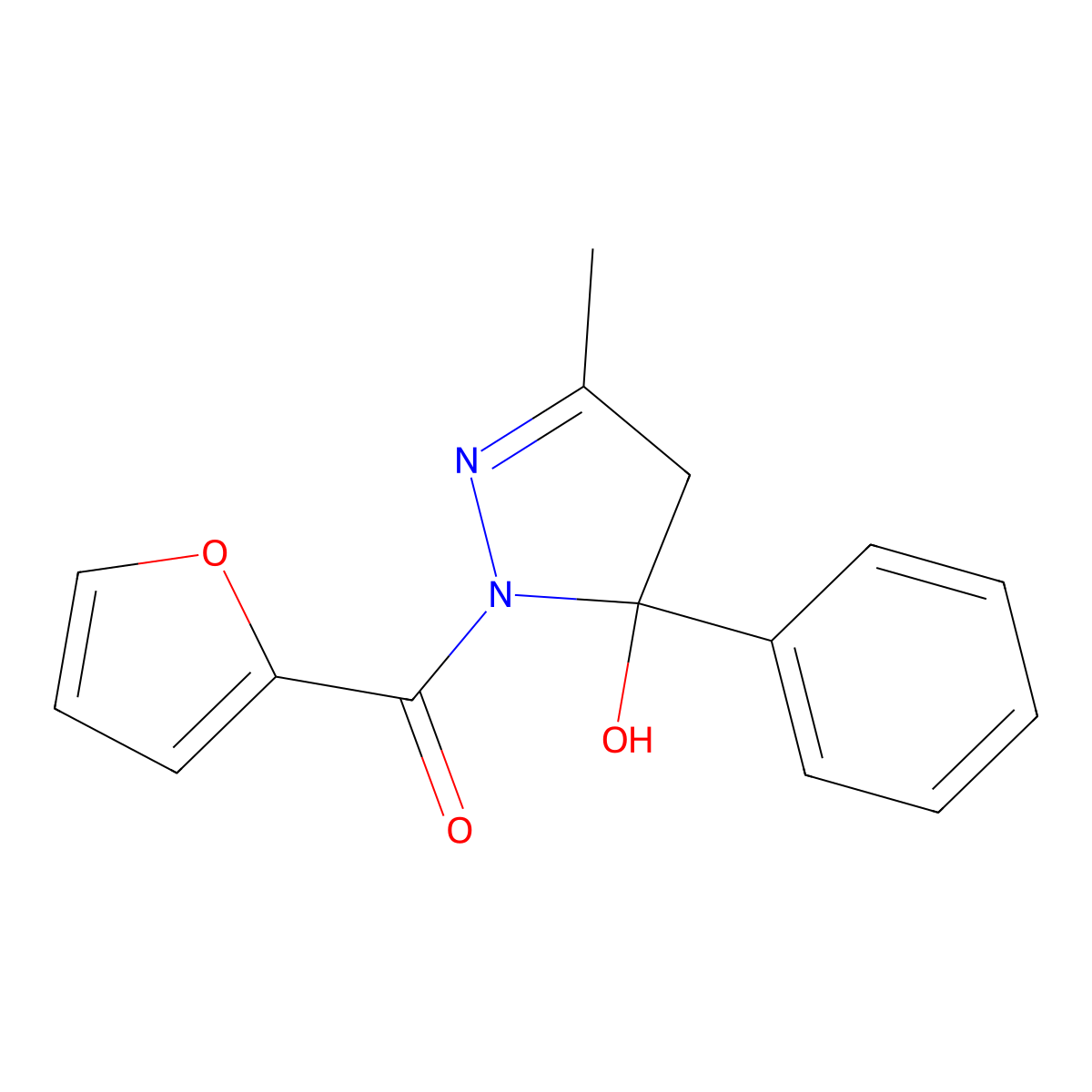 furan-2-yl-(5-hydroxy-3-methyl-5-phenyl-4H-pyrazol-1-yl)methanone molecular structure, CAS 401464-72-0