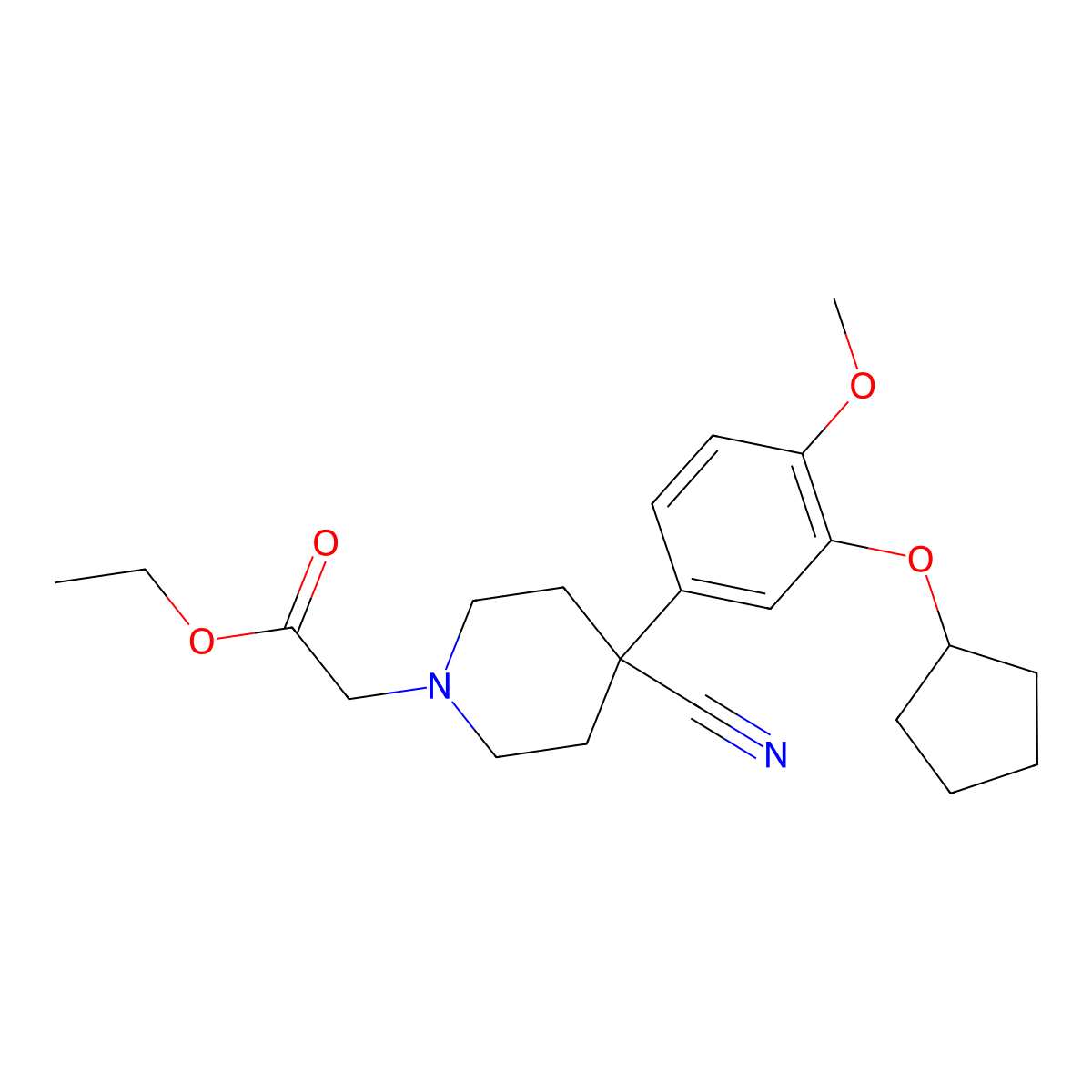 Ethyl 2-(4-cyano-4-(3-(cyclopentyloxy)-4-methoxyphenyl)piperidin-1-yl)acetate molecular structure, CAS 401518-14-7