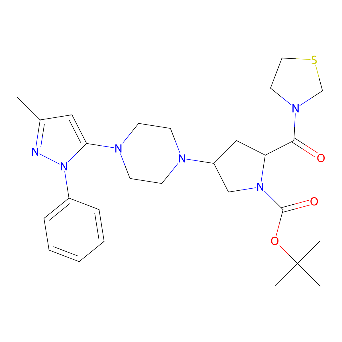 (2S,4S)-4-[4-(3-Methyl-1-phenyl-1H-pyrazol-5-yl)-1-piperazinyl]-2-(3-thiazolidinylcarbonyl)-1-pyrrolidinecarboxylic acid tert-butyl ester molecular structure, CAS 401566-80-1