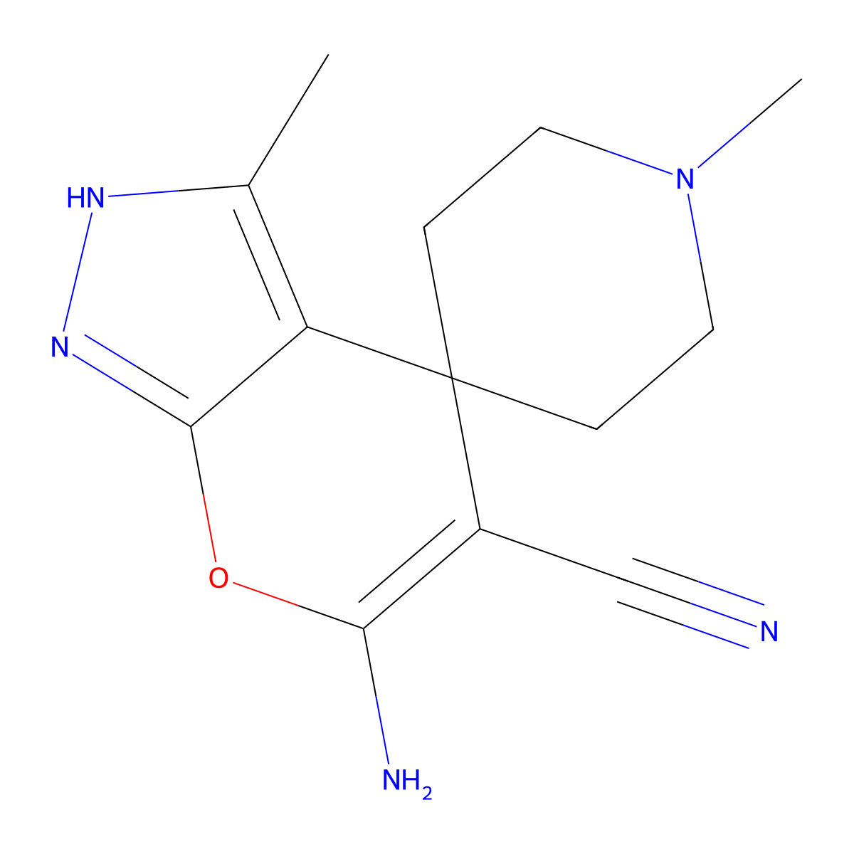 6'-amino-1,3'-dimethyl-1'H-spiro[piperidine-4,4'-pyrano[2,3-c]pyrazole]-5'-carbonitrile molecular structure, CAS 401578-26-5